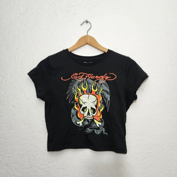 Y2K ed hardy black graphic cropped t shirt - Picture 1 of 3